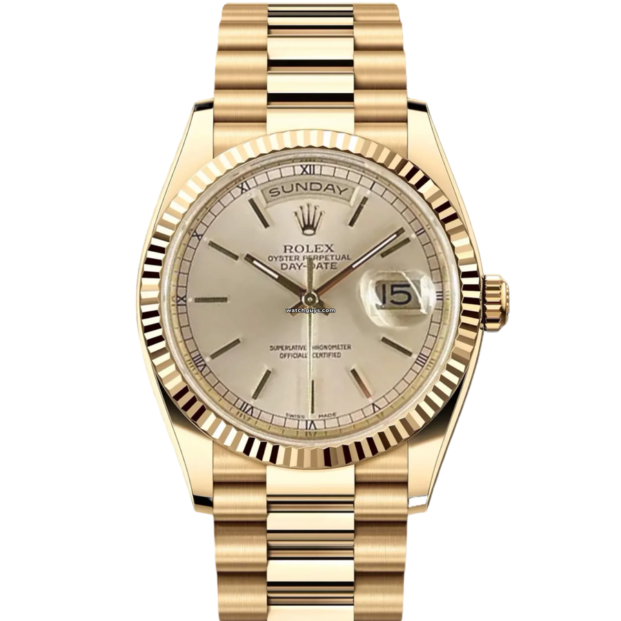 Rolex Day-Date 118238 Silver Index 18k Yellow Gold 36mm – WatchGuys